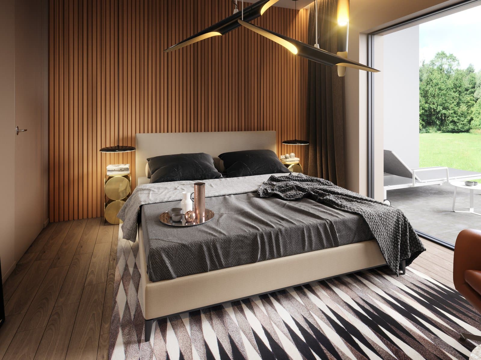 Bedroom with a vertical wood slat feature wall, pendant lights and glazed doors