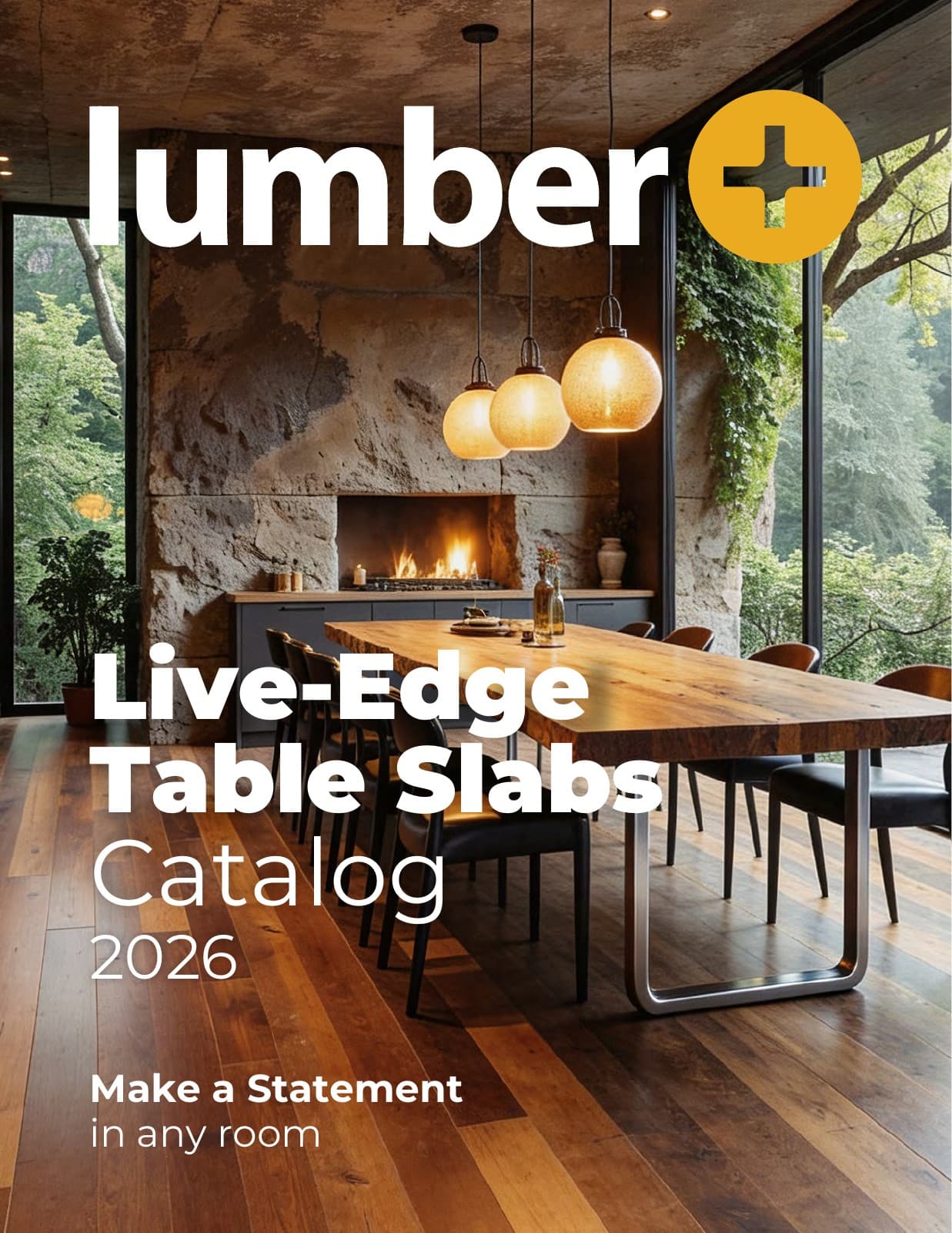 2026 Lumber Plus live-edge slab catalog cover showing a natural-edge dining table beside a stone fireplace
