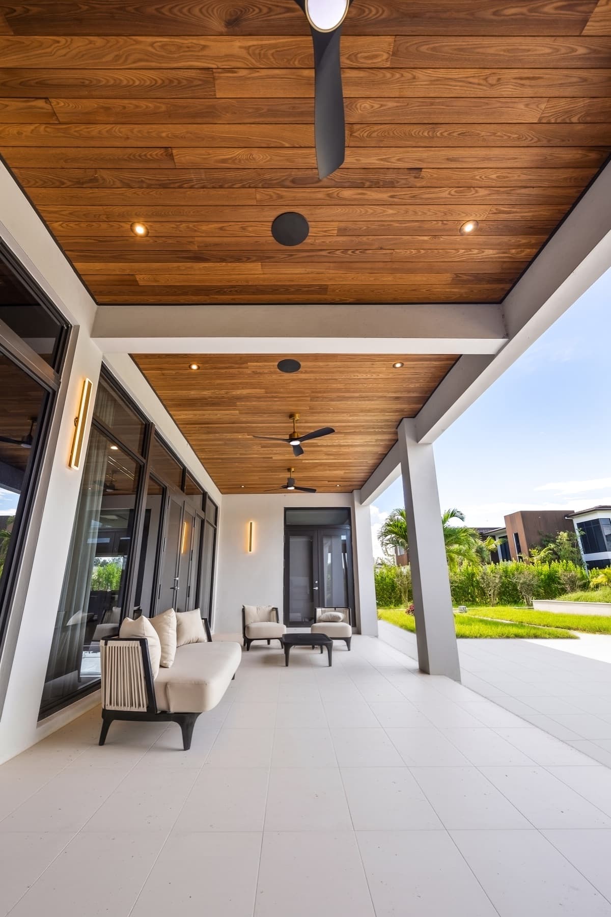 Completed real-life wood ceiling and soffit installation